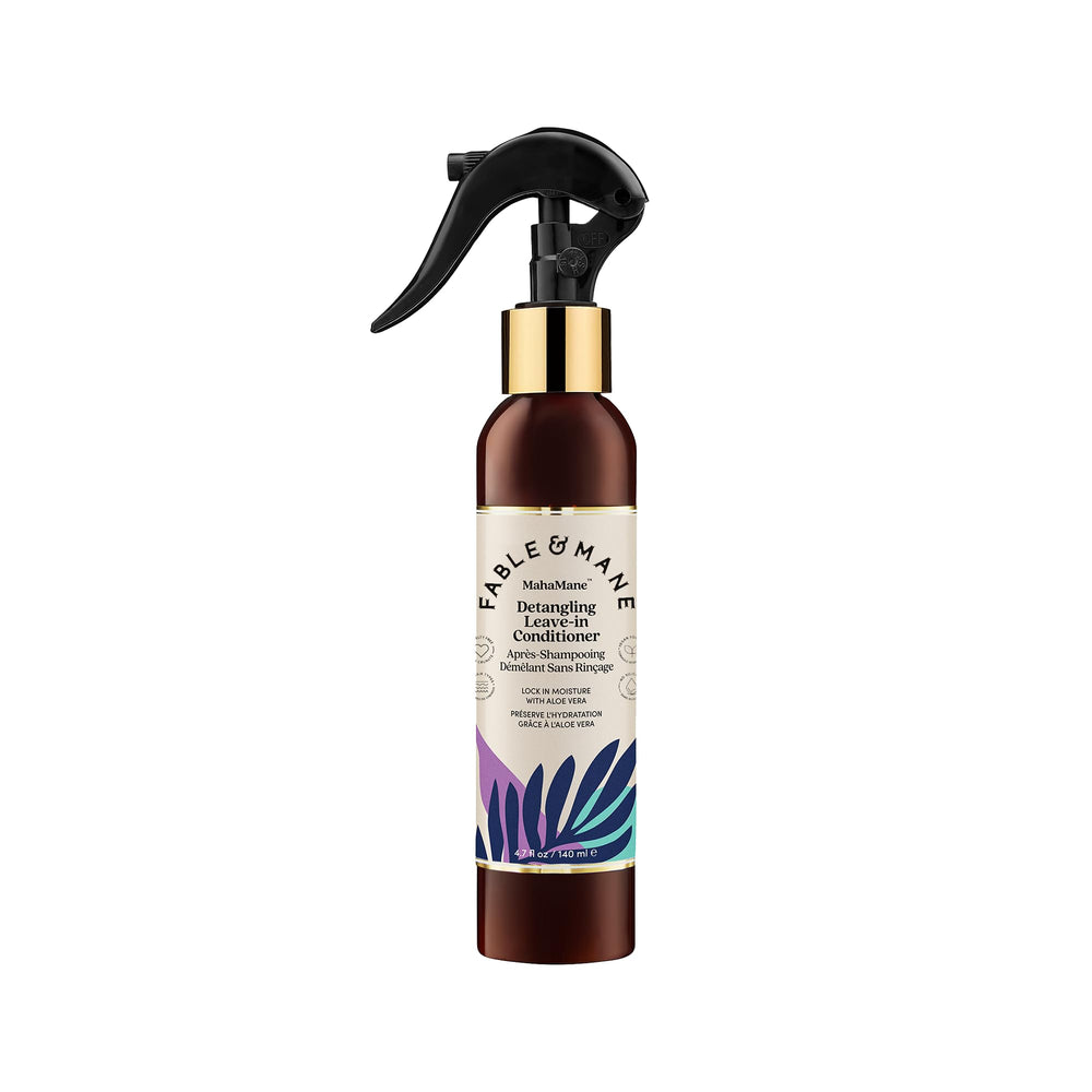 Fable & Mane detangling leave-in bottle shows smooth detangling in action.