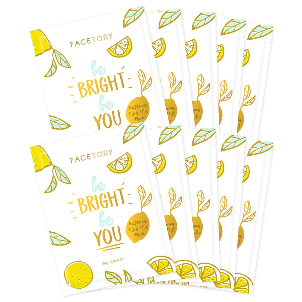 FACETORY Brightening Mask gold foil close-up demonstrates enhanced essence absorption for glowing skin.