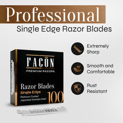FACON platinum Japanese stainless steel blades in packaging emphasizing hygiene