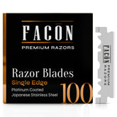 FACON single-edge blades close-up with platinum edge for precise, smooth shaves