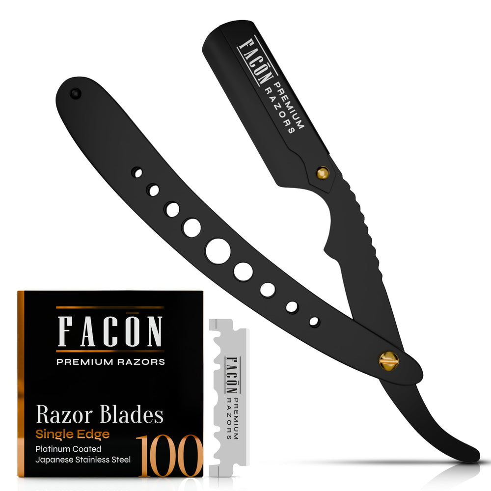 FACON straight razor ergonomic handle close-up for precise control during daily shaving.