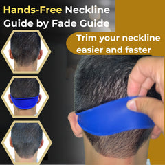 Fade Guide stretchy band on head illustrates secure fit for easier fade adjustments.