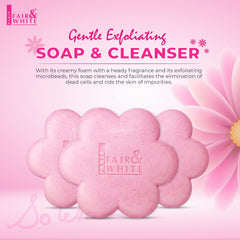 Fair & White So White soap bar close-up highlighting exfoliation for smoother skin.