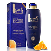 Fair & White exclusive vitamin C lotion bottle showcasing premium packaging for radiant skin prep.