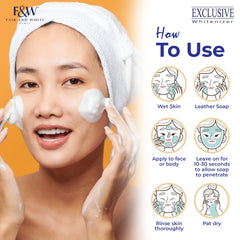 FAIR & WHITE exclusive-exfoliating-soap-care-routine demonstrates steps for daily use.