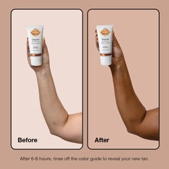 Applying Fake Bake lotion on leg for buildable, natural tan appearance.