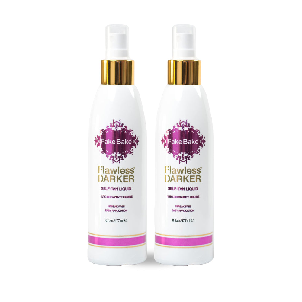 Fake Bake self-tanning liquid bottle showing streak-free dark tan.