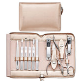 FAMILIFE 11-in-1 manicure set in rose-gold case, organized slots for easy home grooming