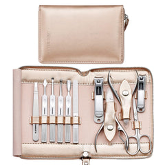 FAMILIFE 11-in-1 manicure set in rose-gold case, organized slots for easy home grooming