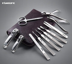 FAMILIFE 11-piece manicure kit neatly arranged for complete home nail care.