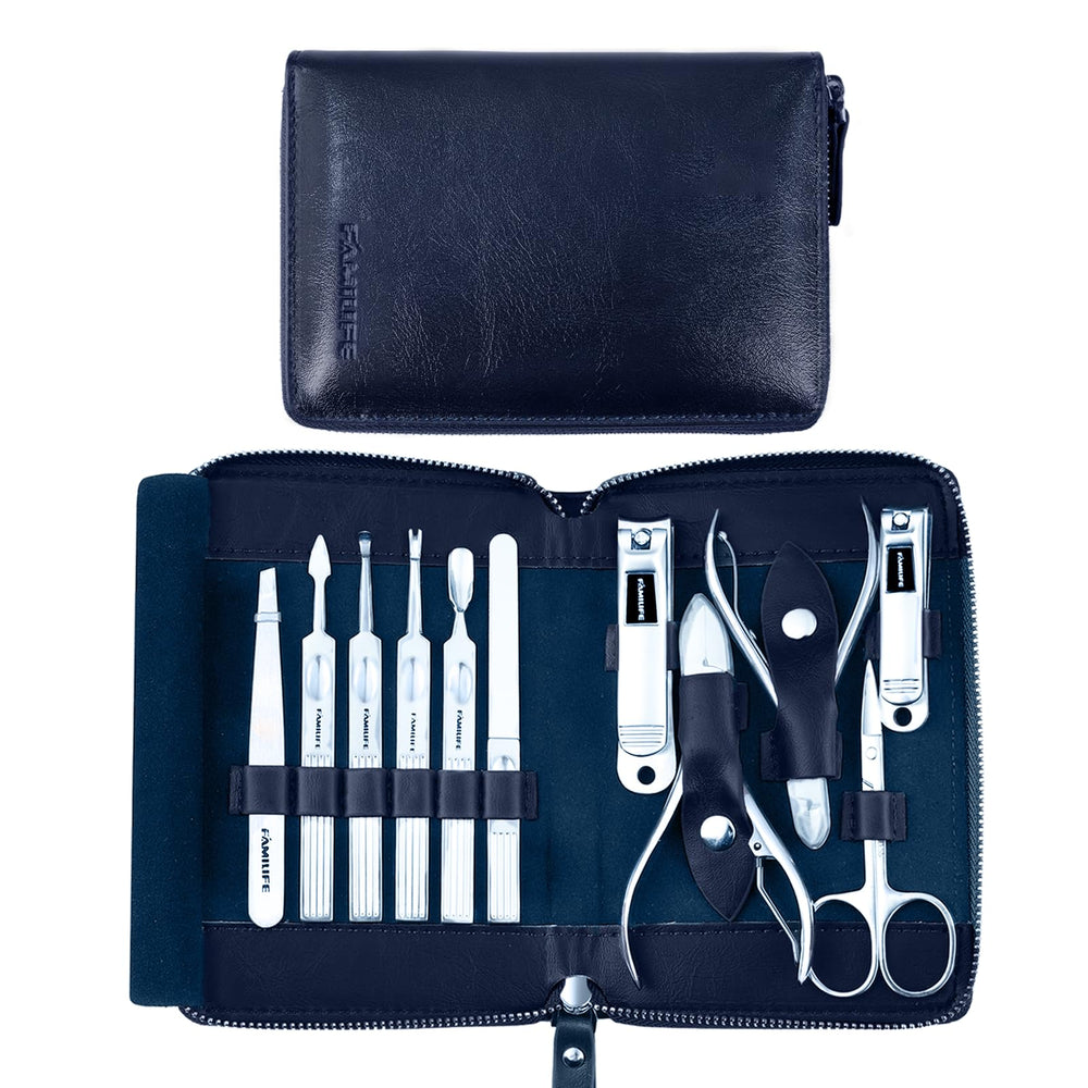 FAMILIFE manicure kit blue leather travel case for organized grooming on the go