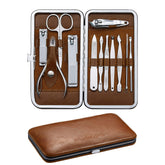 FAMILIFE manicure set in brown leather case, compact travel-ready grooming storage.