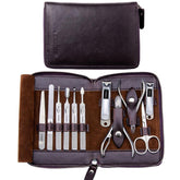 FAMILIFE manicure set sits in leather travel case with dark violet finish for convenient travel grooming.