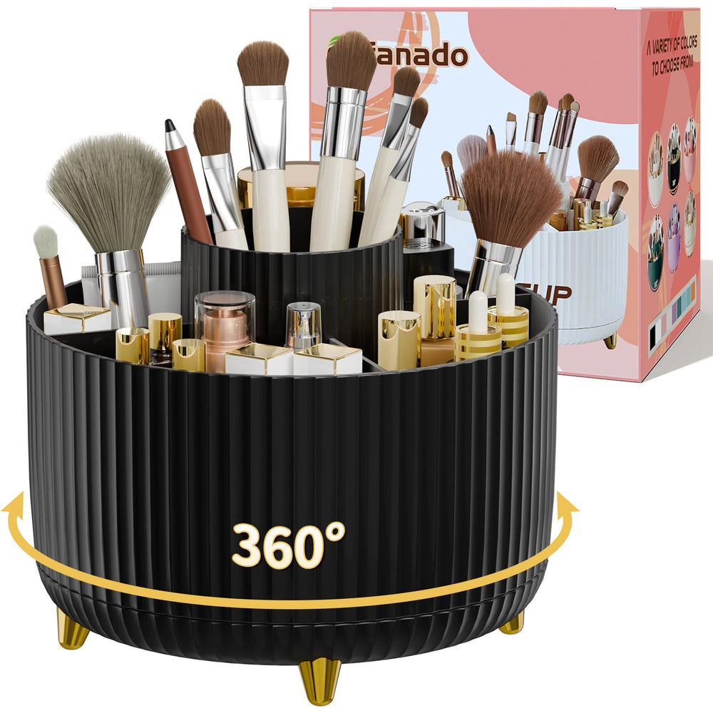 Fanado 360° rotate makeup brush holder on vanity offers quick access while applying makeup