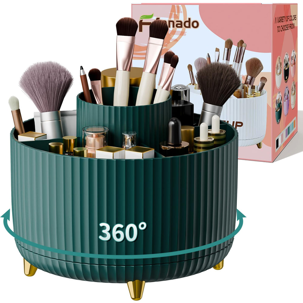 Fanado 360° rotate makeup brush holder top view shows easy-access vanity organization
