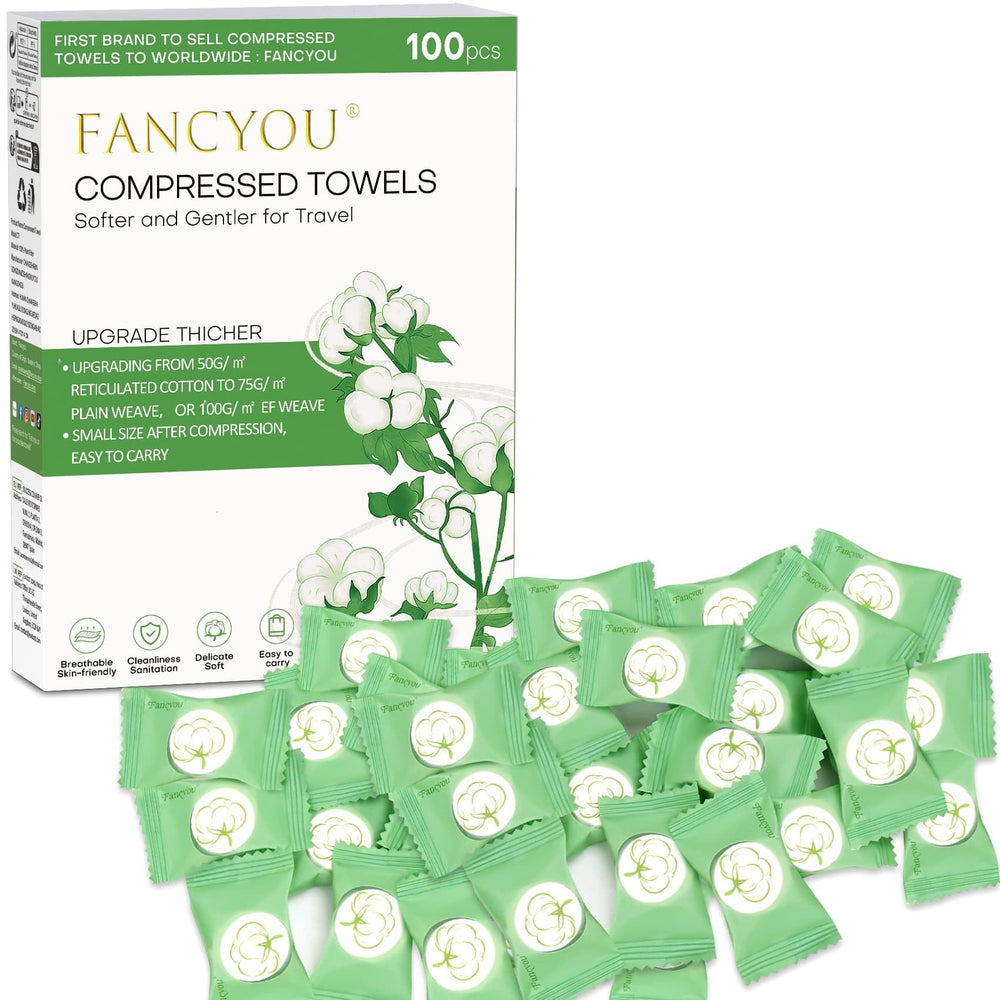 Fancyou compressed towel tablet packaging showing compact travel towels for on-the-go cleansing