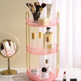 Fangoo 3-Tier Pink Rotating Makeup Organizer shows a 360-degree turn for easy item access.