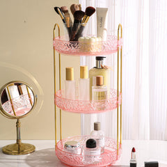 Fangoo 3-Tier Pink Rotating Makeup Organizer shows a 360-degree turn for easy item access.