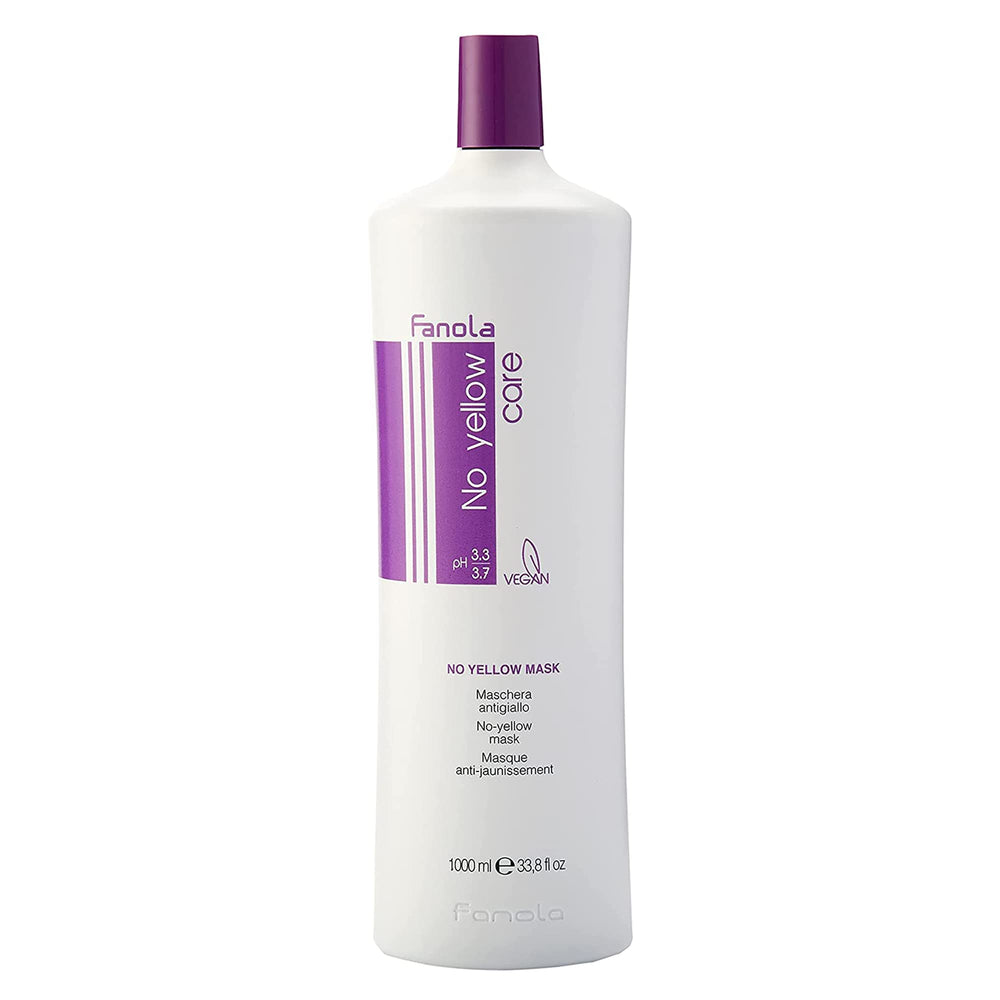 Fanola No Yellow Purple Hair Mask jar closeup highlights violet pigment for brassy hair neutralization.