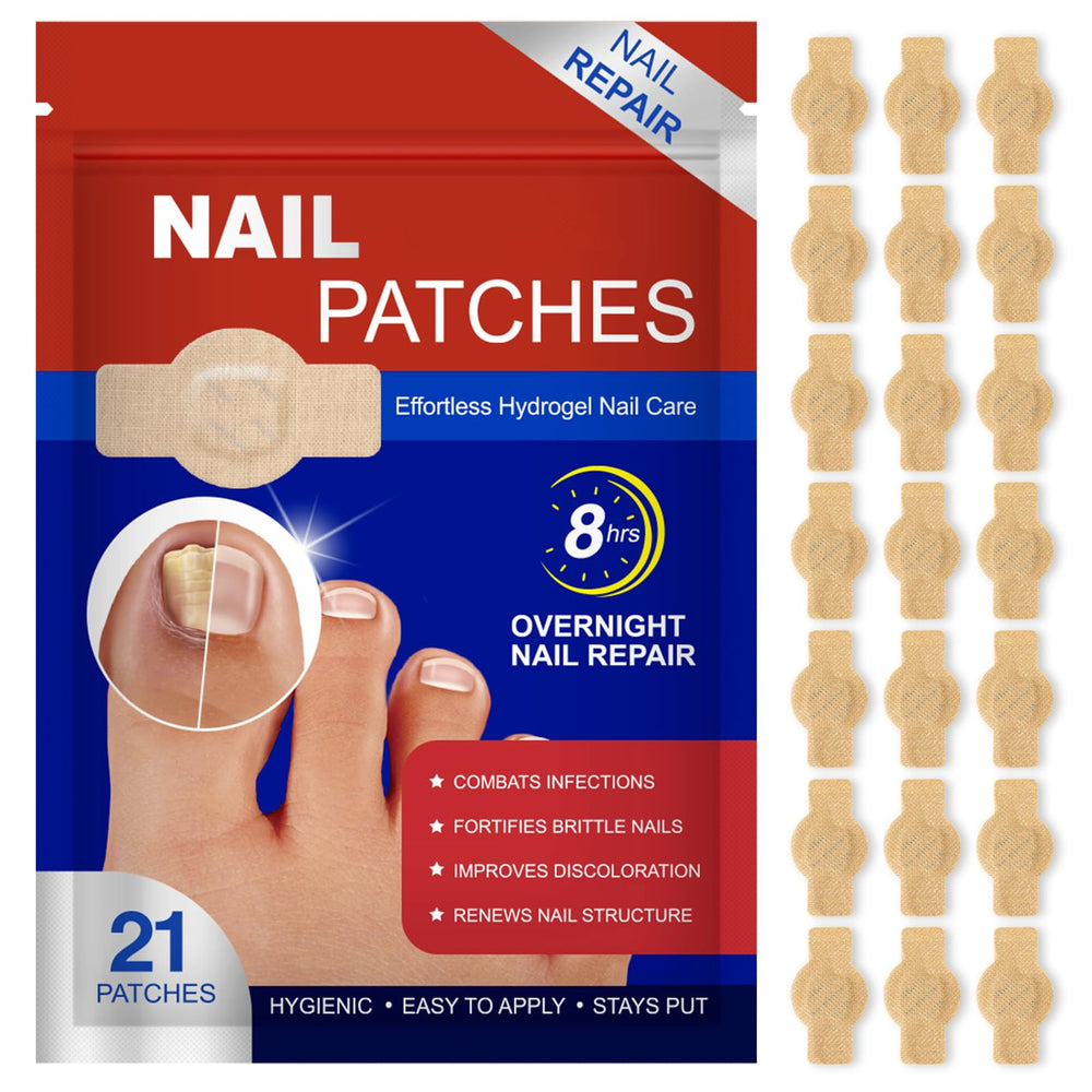 FANSHI Nail Patches close-up showing a 21-patch bundle for healthier nails overnight.