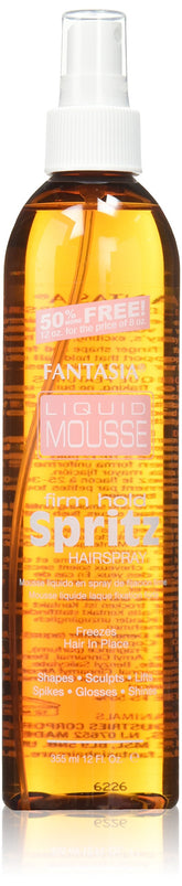 Fantasia Liquid Mousse Spritz bottle angled, showing strong hold and shine