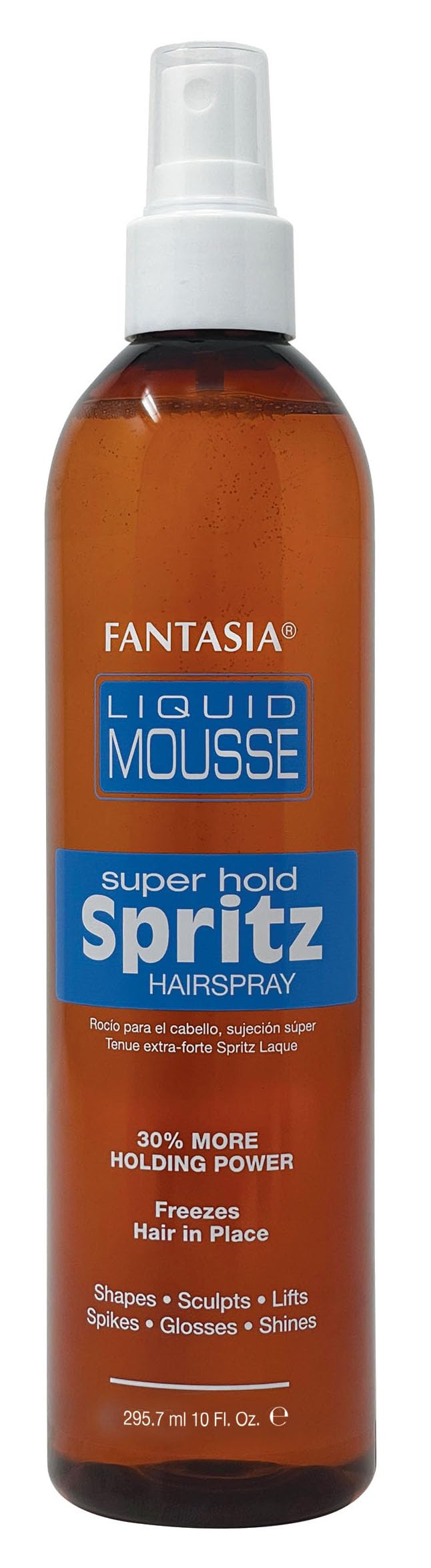 Fantasia Liquid Mousse Spritz Hair Spray Super Hold bottle showcases glossy, sculpted style.