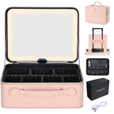 Faquenc leather makeup case with LED mirror for on the go organization and touch ups