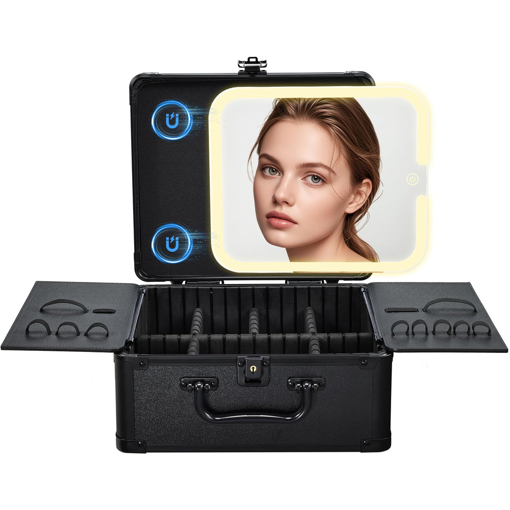 Faquenc makeup case with magnetic mirror attached for easy wall-side touchups.