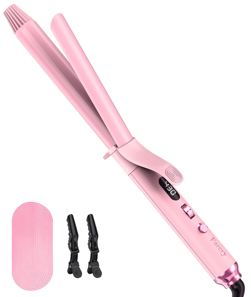 FARERY long-barrel curling iron pink front view for quick, defined curls.
