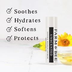 Farm & Bee lip balm beeswax-closerlook showcases pure beeswax for long-lasting hydration.