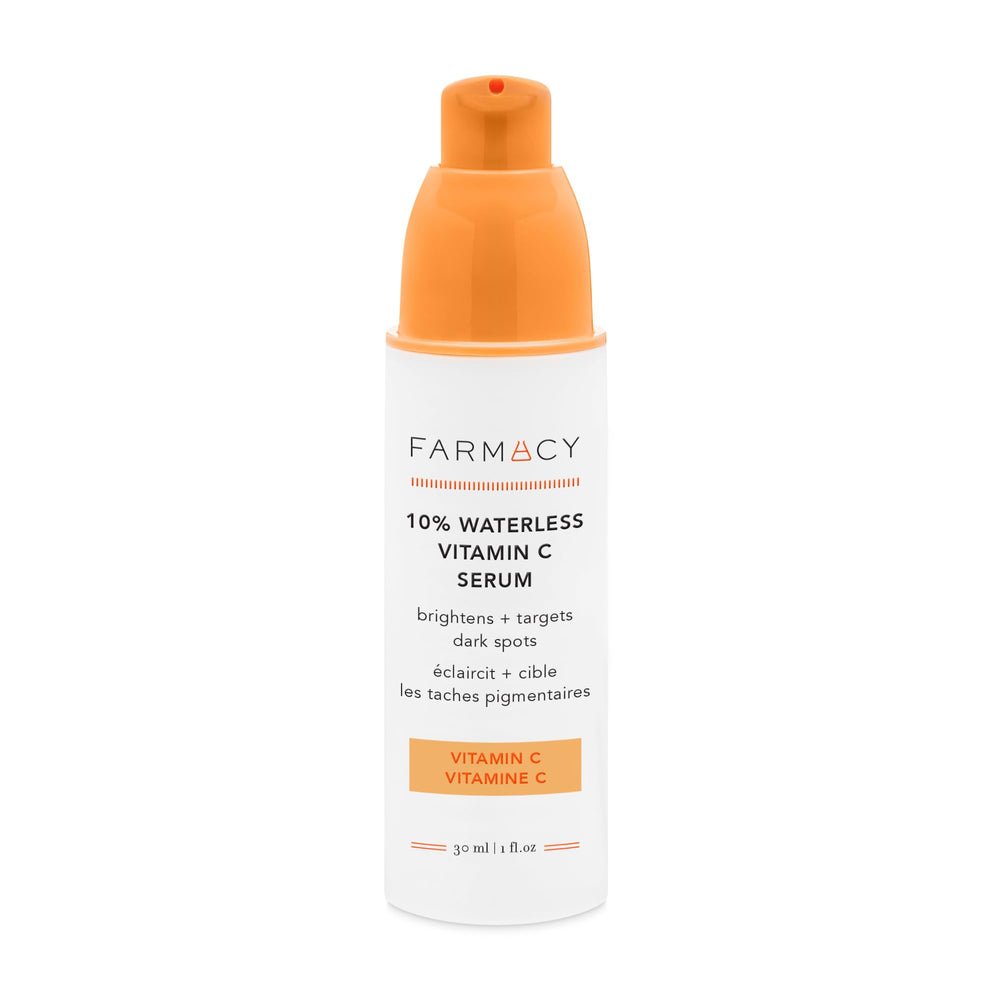 Farmacy 10% Vitamin C Serum bottle highlights brightening glow for even tone.