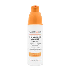 Farmacy 10% Vitamin C Serum bottle highlights brightening glow for even tone.