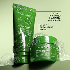 Farmacy Green Clean cleansing balm jar shown for makeup removal and hydration.