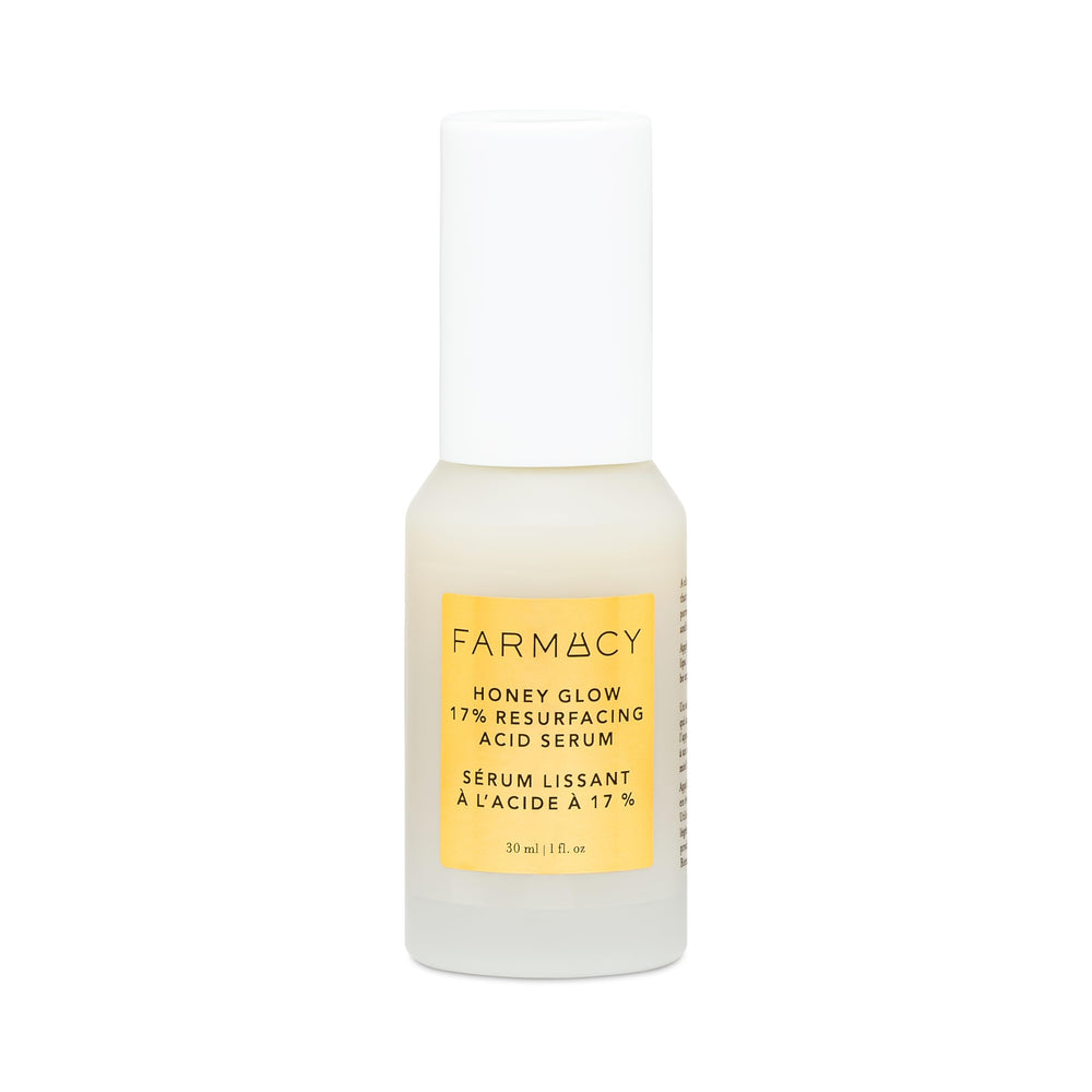 Farmacy Honey Glow Serum bottle closeup showcases glow-boosting hydration for nighttime skincare.