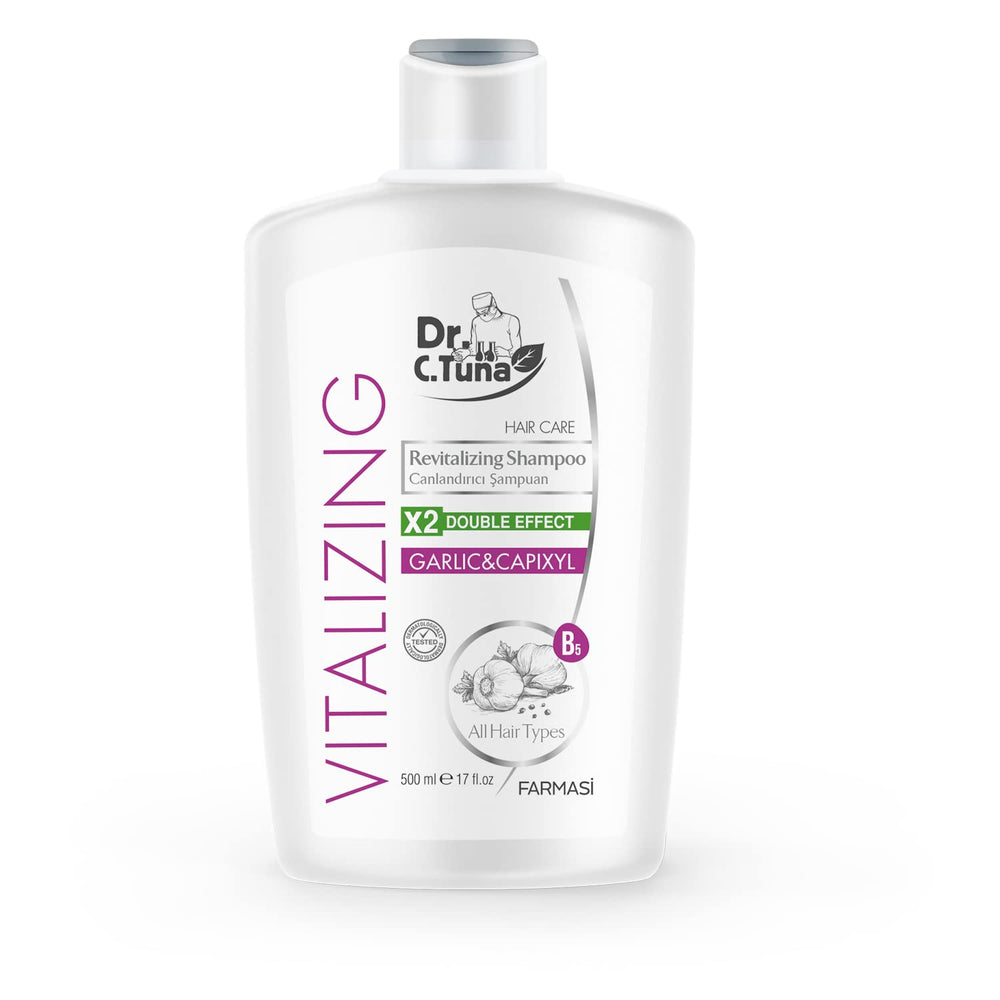 FARMASi Dr. C. Tuna garlic shampoo bottle shows vitalizing formula for refreshed scalp.