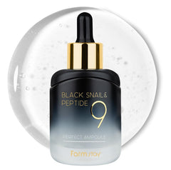 Farmstay Black Snail & Peptide9 Perfect Ampoule bottle close-up for deep hydration.