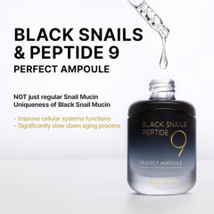 Farmstay ingredient panel snail mucin peptide9 highlighting nourishing benefits.