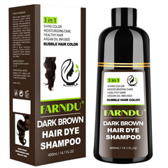 Farndu dark brown hair dye shampoo bottle highlights full gray coverage potential.