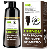 Farndu Dark Brown Hair Dye Shampoo cover shows full gray coverage with plant-based formula.