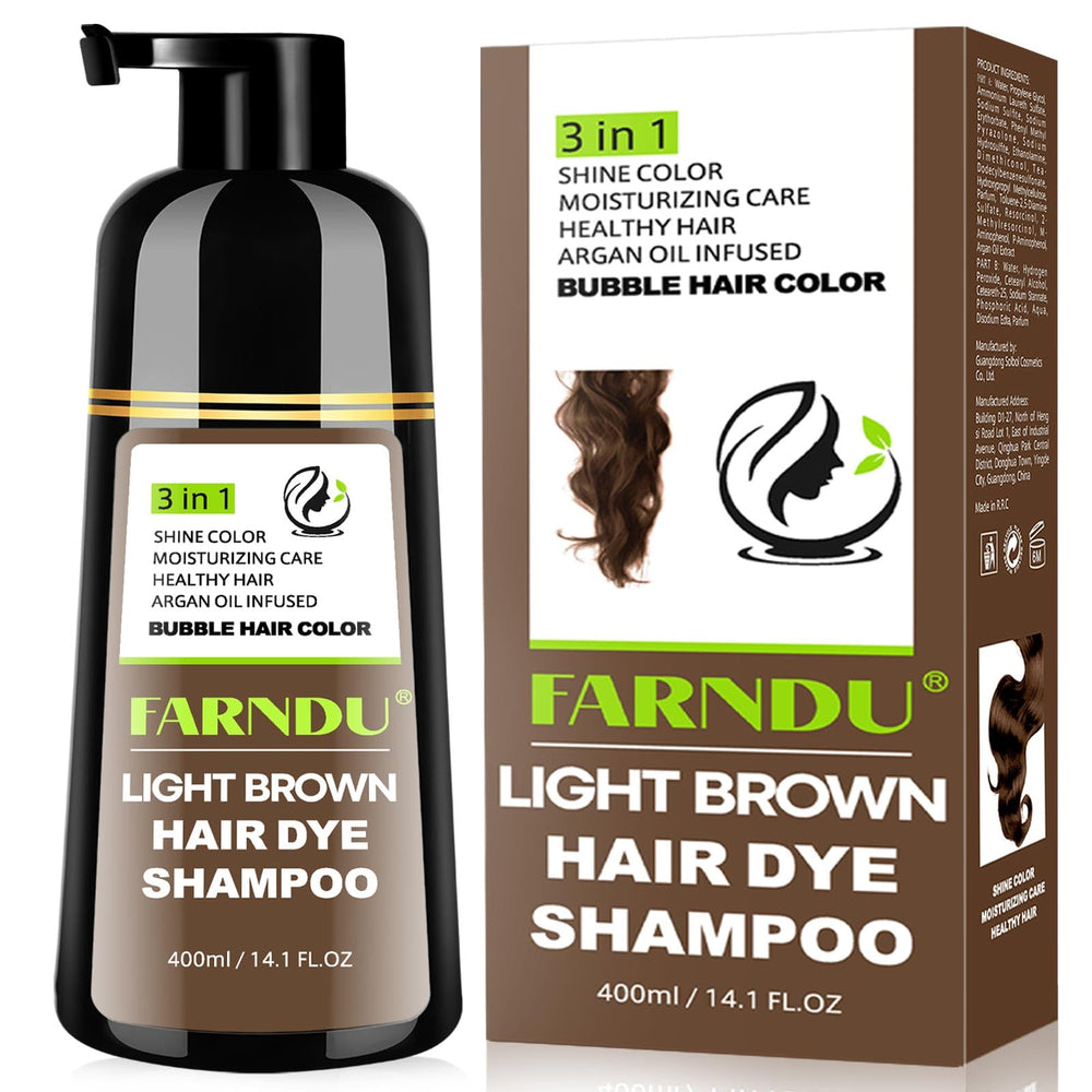 Farndu Light Brown Hair Dye Shampoo bottle demonstrates at-home color and gray coverage benefits.