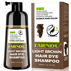 Farndu Light Brown Hair Dye Shampoo bottle demonstrates at-home color and gray coverage benefits.