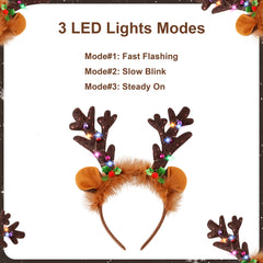 Farochy LED Reindeer Headband closeup with bells and berries for festive detail.