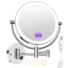 FASCINATE wall-mount makeup mirror front view showing dual sides for precise grooming