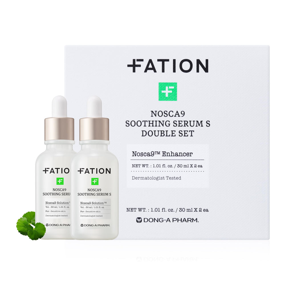Fation NOSCA9 serum bottle close-up showing calming hydration benefits.