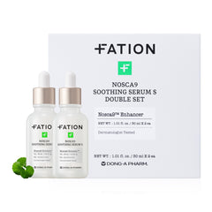 Fation NOSCA9 serum bottle close-up showing calming hydration benefits.