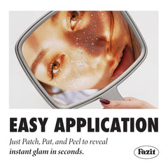 Fazit makeup patches apply step demonstrates easy peel-and-stick application for fuss-free sparkle.