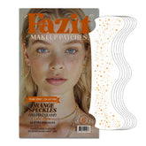 Fazit makeup patches orange speckles packaging closeup highlighting glitter accents for radiant facial detail.
