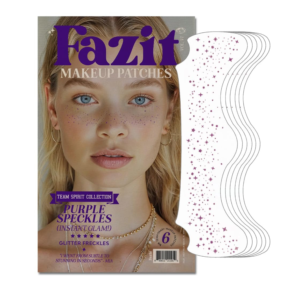 Fazit makeup patches purple speckles closeup highlight glitter for festive looks.