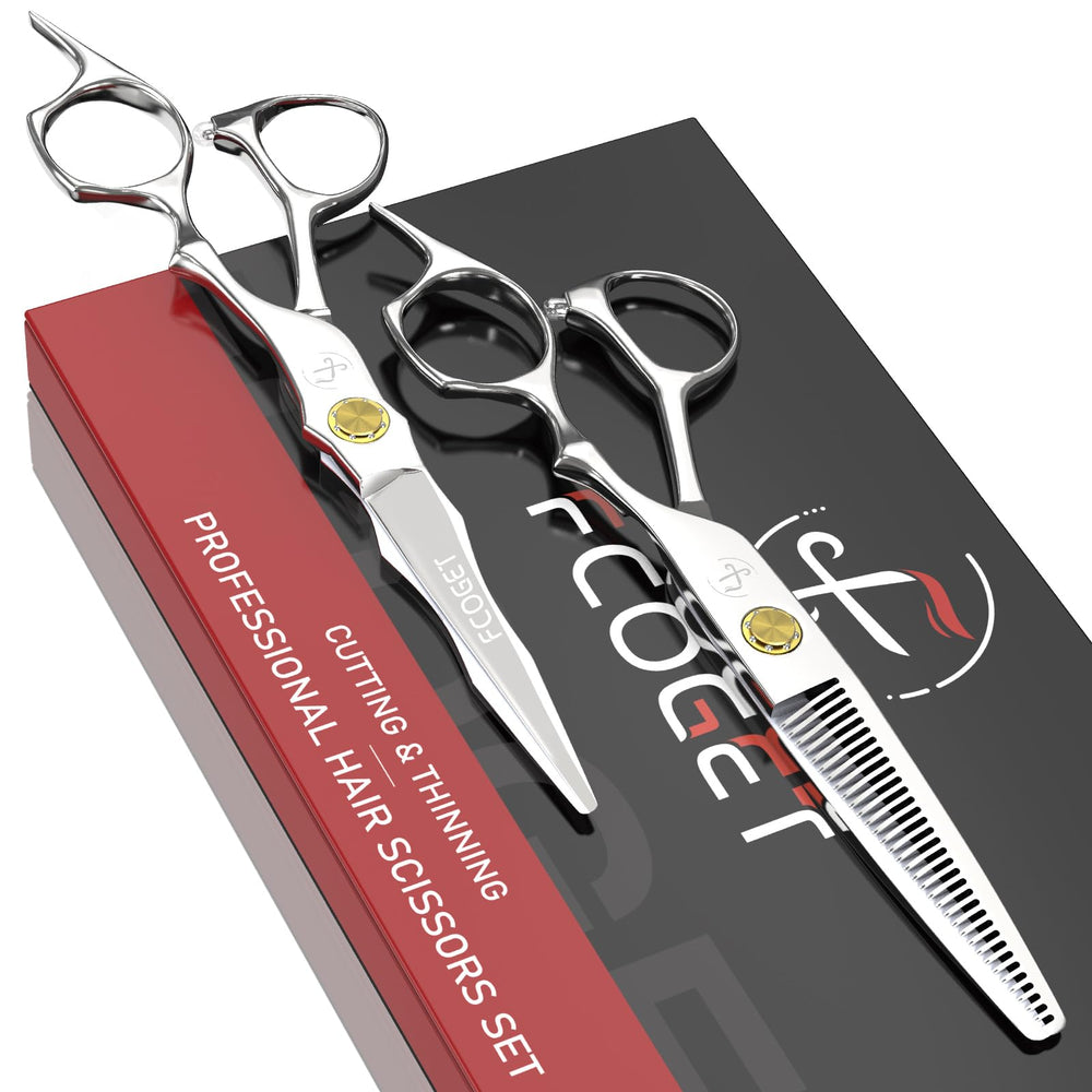 Fcoget professional barber hair scissors blade close-up showing ultra-sharp edge for precise cuts.