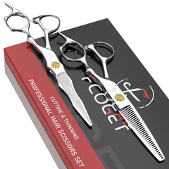 Fcoget professional barber hair scissors blade close-up showing ultra-sharp edge for precise cuts.